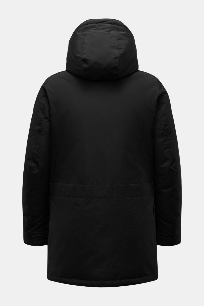 Back view of Woolrich Daunenparka 'Polar High Collar' schwarz, a slim fit black down parka with padded hood, wind- and water-repellent Ramar Cloth fabric, cotton-microfiber blend, robust two-way zipper, snap-button wind flap, four front pockets, adjustabl