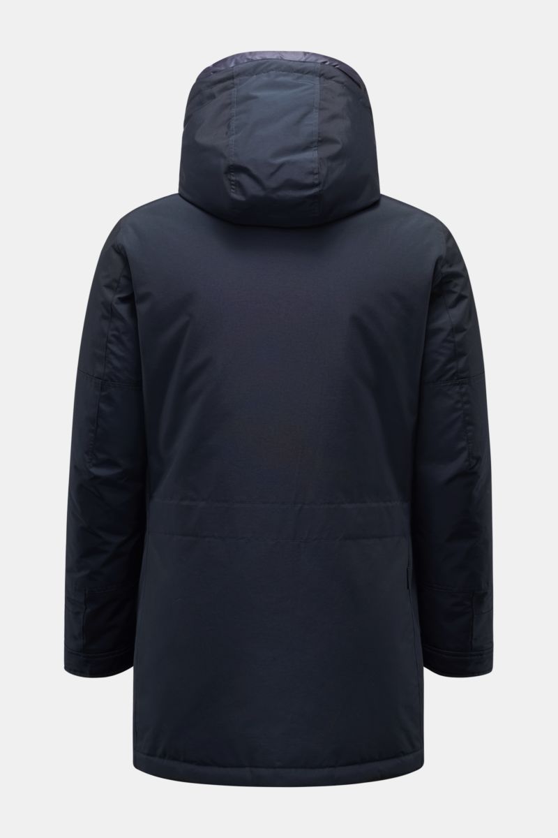 Woolrich Daunenparka 'Polar High Collar' navy, Rückansicht, wind- und wasserabweisend, mit wattierter Kapuze, Slim Fit, vier Fronttaschen, regulierbaren Ärmeln.