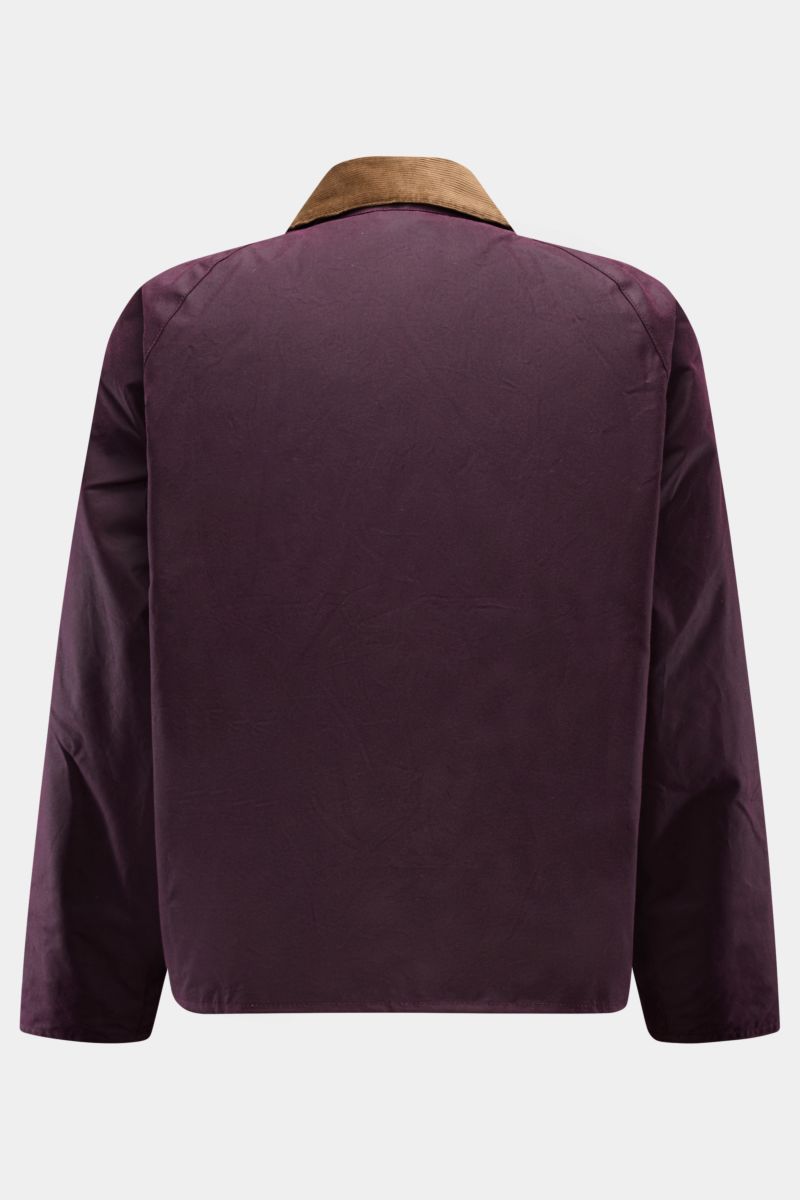 Barbour Wachsjacke 'Transport' bordeaux, Rückansicht, oversized gewachste Baumwolle, Cordkragen, Raglanärmel, robust und lässig für Übergangszeit.