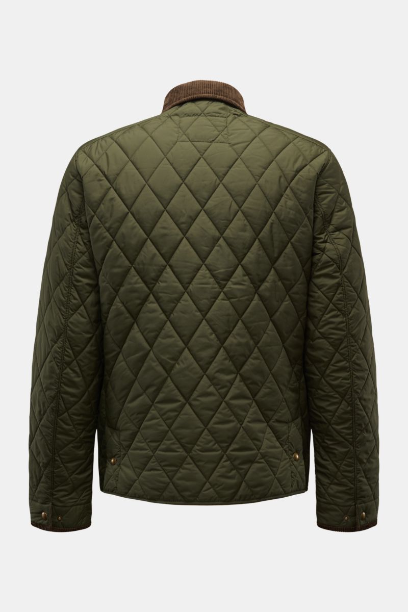 Rear view of Polo Ralph Lauren Steppjacke 'Beaton' oliv, a slim fit olive green quilted jacket with cord collar, snap cuffs, and diamond pattern.

Description to include:
Stilvoller Blickfang in der Übergangszeit: Die Steppjacke von POLO RALPH LAUREN b