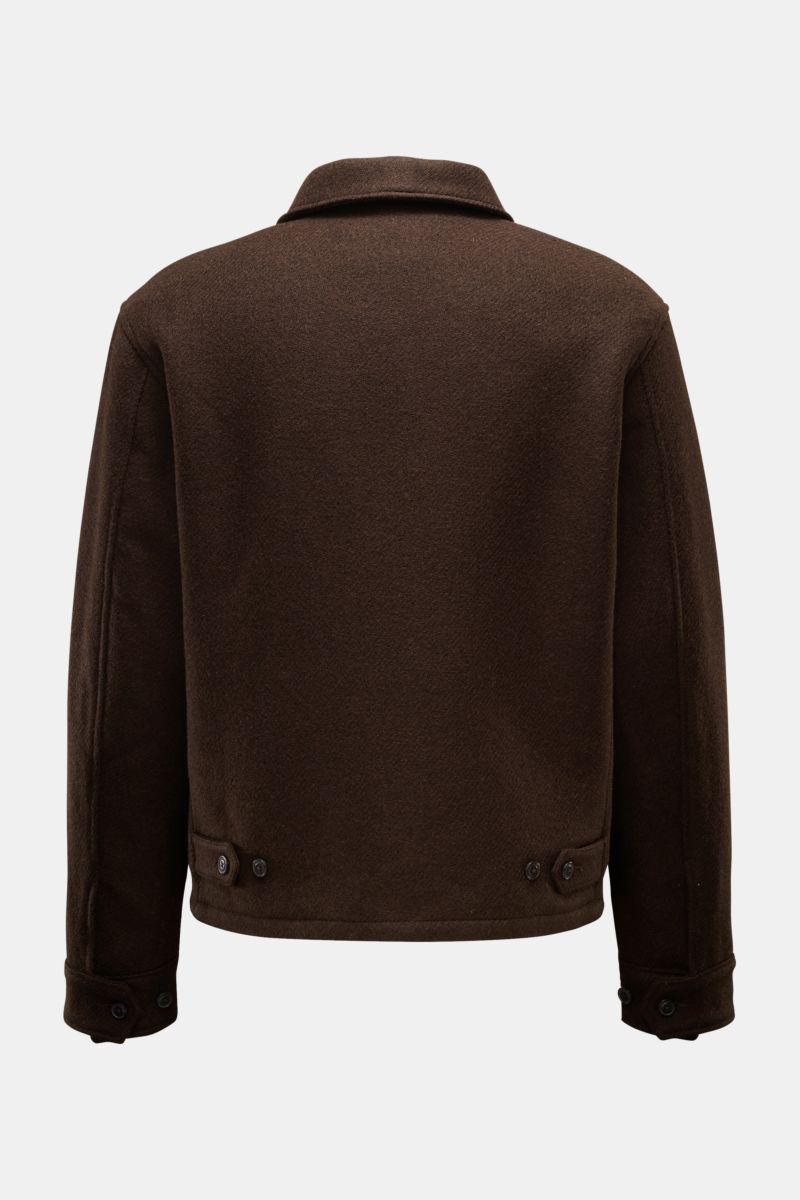 Rückansicht der Polo Ralph Lauren Jacke 'Langdon' dunkelbraun aus italienischem Wolltwill mit Umlegekragen, Manschettenärmeln und Microfaser-Futter.