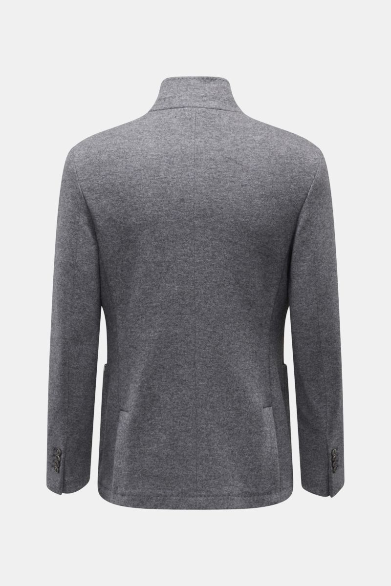 Fedeli Cashmere Jacke grau meliert, Slim Fit mit Stehkragen, Vier-Knopf-Leiste, Brust- und Hüfttaschen, Kissing Buttons, Seitenschlitzen, halb gefüttert, zwei Innentaschen, reiner Cashmere, weicher Griff, Rückansicht.