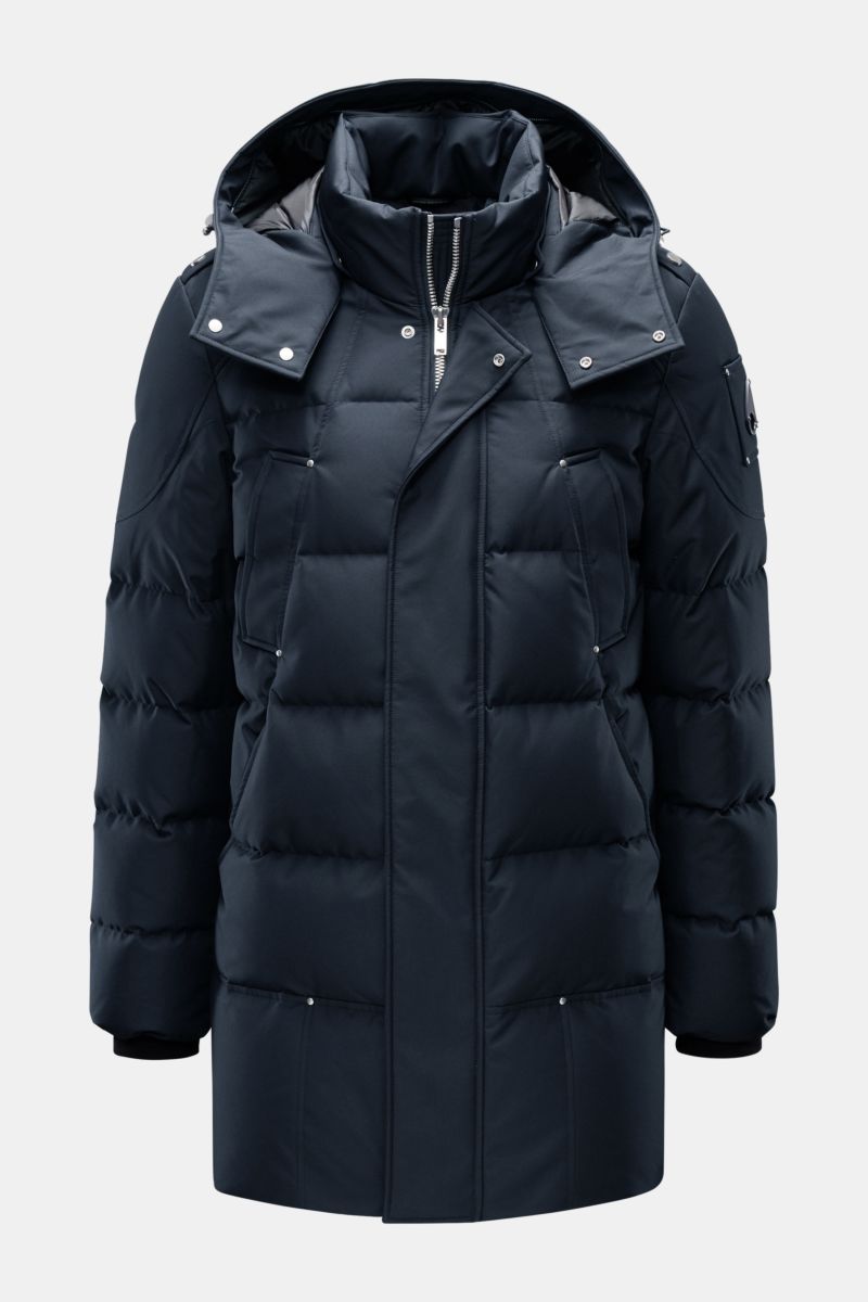 Moose Knuckles Daunenparka 'Cloud Parka Neoshear' navy, frontale Ansicht, Slim Fit, wasserabweisend, Daunenfüllung, abnehmbare Kapuze, Lammfell-Besatz, Microfaser.
