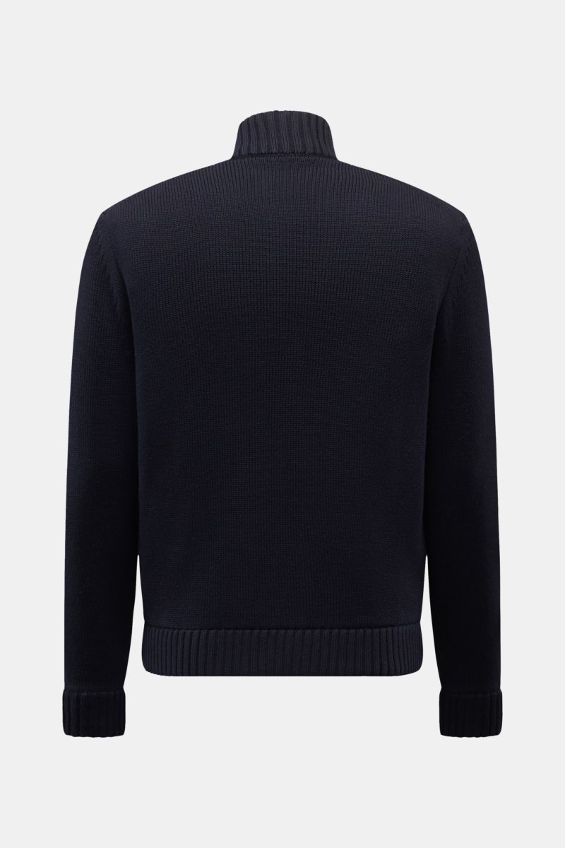 Back view of Incotex Strickblouson navy knitted jacket with ribbed collar, cuffs, and hem, Slim Fit, made of pure virgin wool with soft touch and goatskin velour leather front. -

Strick aus reiner Schurwolle
weicher Griff
