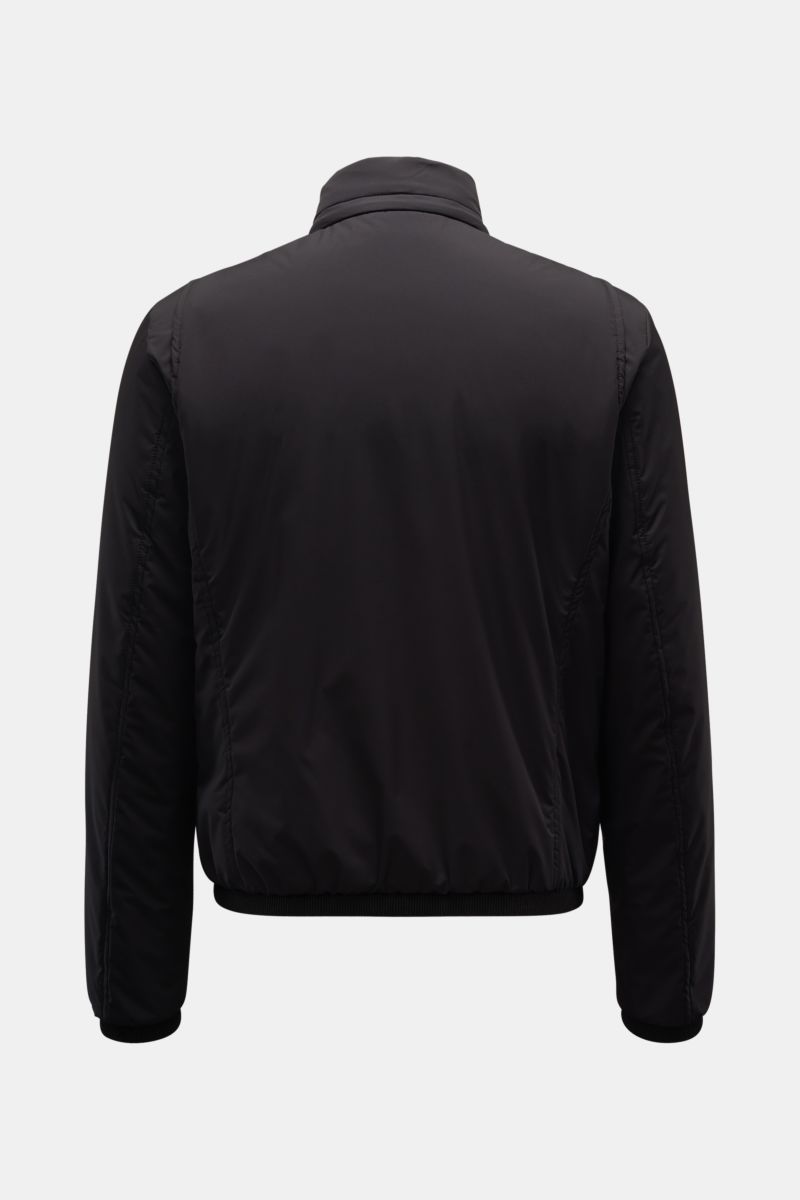 Rear view of Moorer Blouson 'Stazio' black, a slim fit, water repellent microfibre jacket with lightweight padding, elasticated cuffs, and flexible hem. 

Description: 
The sporty blouson 'Stazio' by MOORER is a functional jacket model made of water re