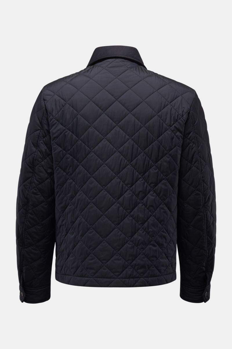 Rear view of Moorer Daunenjacke 'Zavyer' dark navy, a slim fit quilted jacket with water-repellent cotton, light down filling, leather collar details, two-way zipper, buttoned wind flap, classic chest pocket, flap hip pockets, smooth lining, and two inner