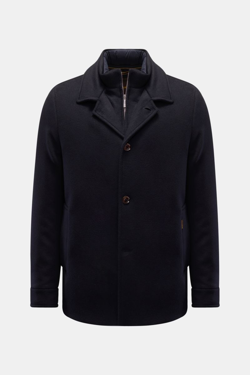 Front view of Moorer Cashmere Daunenjacke 'Mendel' navy, a slim fit jacket made from pure cashmere with soft touch, removable double-front, warm down filling, four-button placket, variable collar, slanted welt pockets, buttoned cuffs, quilted lining, and 