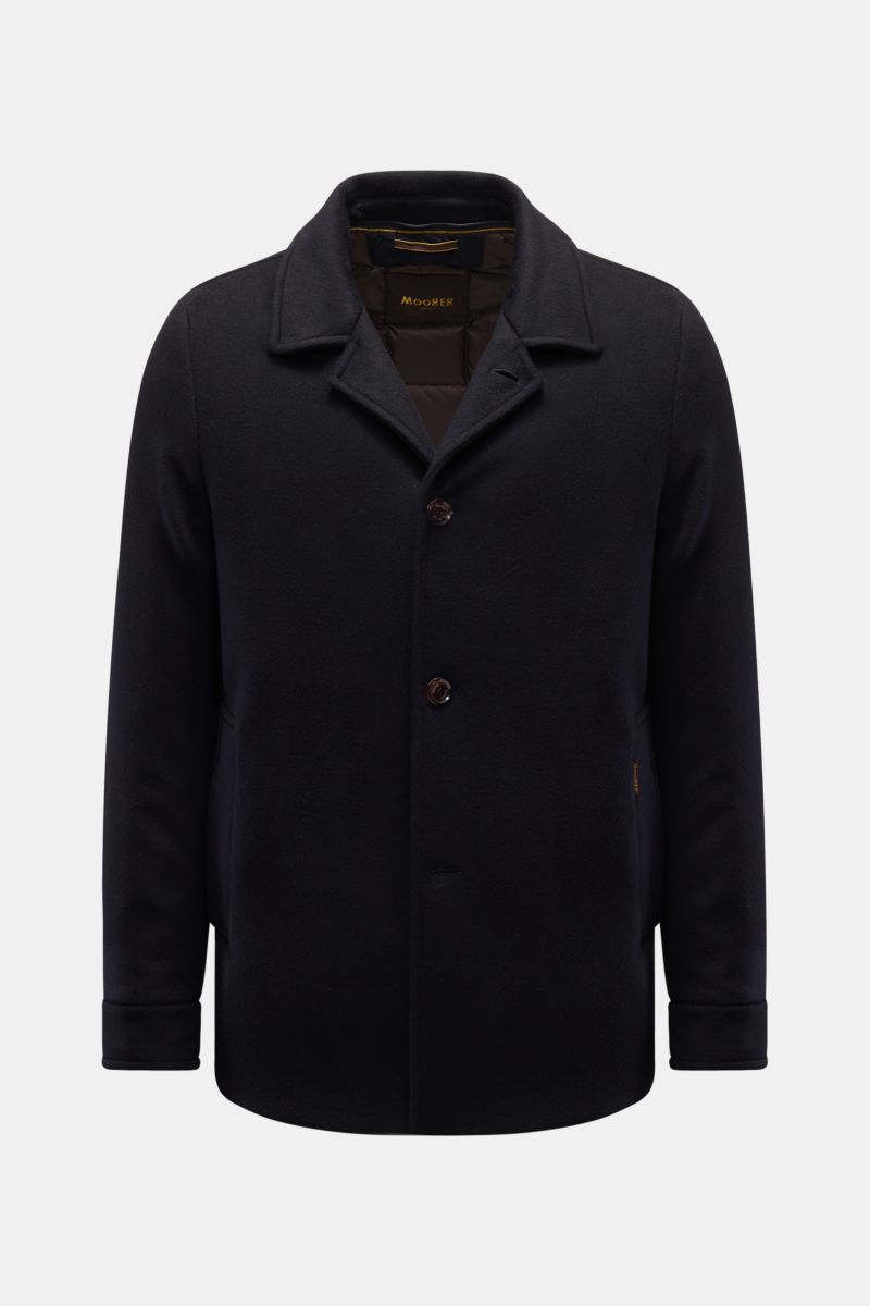 Front view of Moorer Cashmere Daunenjacke 'Mendel' navy, a slim fit jacket made from pure cashmere with soft touch, featuring a removable double-front, warm down filling, four-button placket, variable collar, slanted welt pockets, buttoned sleeve cuffs, q