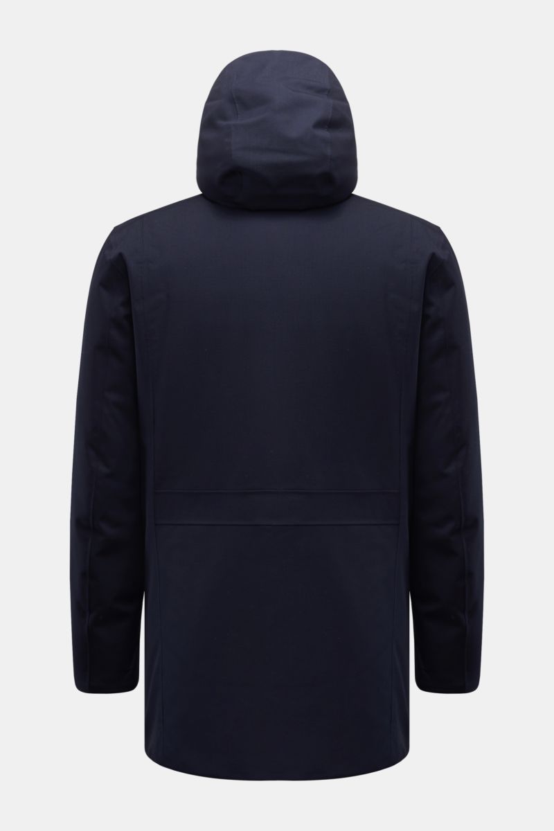 UBR Parka 'Regulator Parka Savile' navy, Rückansicht, Slim Fit, Merinowolle mit wasserdichter Membran, Kapuze, Primaloft-Wattierung, getapte Nähte, funktional.