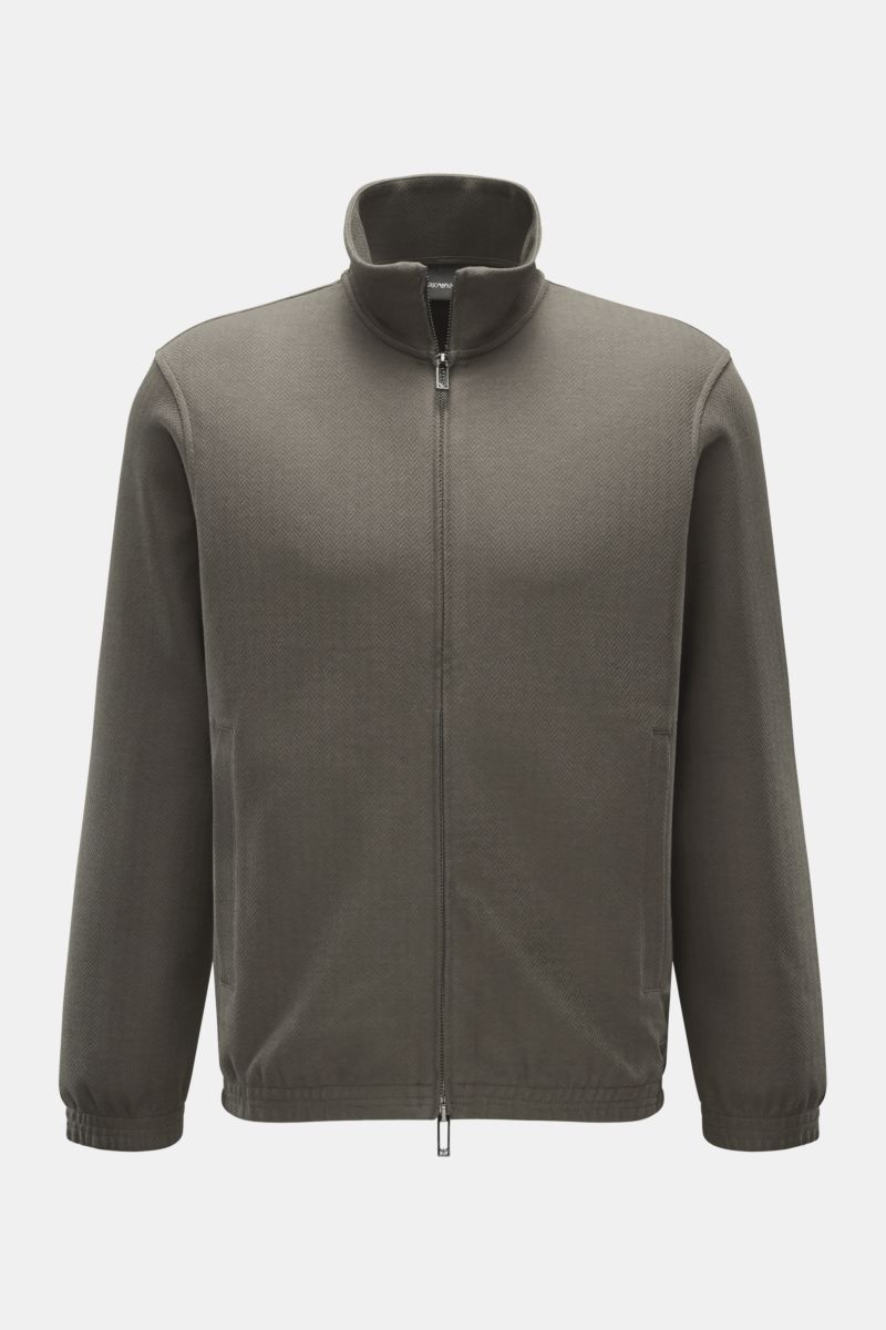 Front view of Emporio Armani Blouson grey-green with standing collar, two-way zip, jetted pockets, elastic cuffs and hem, slim fit. Sporty and timeless: This blouson by EMPORIO ARMANI has a casual design that makes it a versatile essential for your wardro