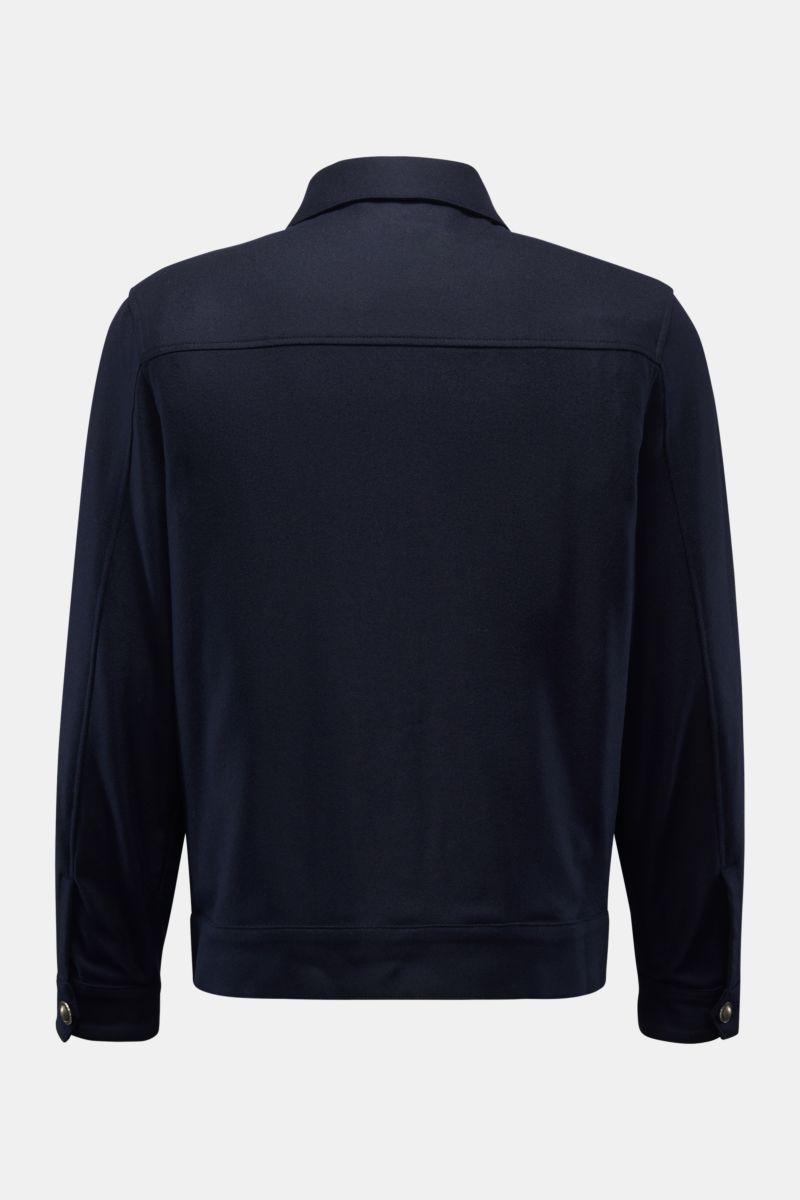 Ace Denim Jacke navy aus feiner, leicht elastischer Schurwolle, Slim Fit, ungefüttert, mit Blouson-Elementen, Rückansicht, Umlegekragen, Knopfärmel.