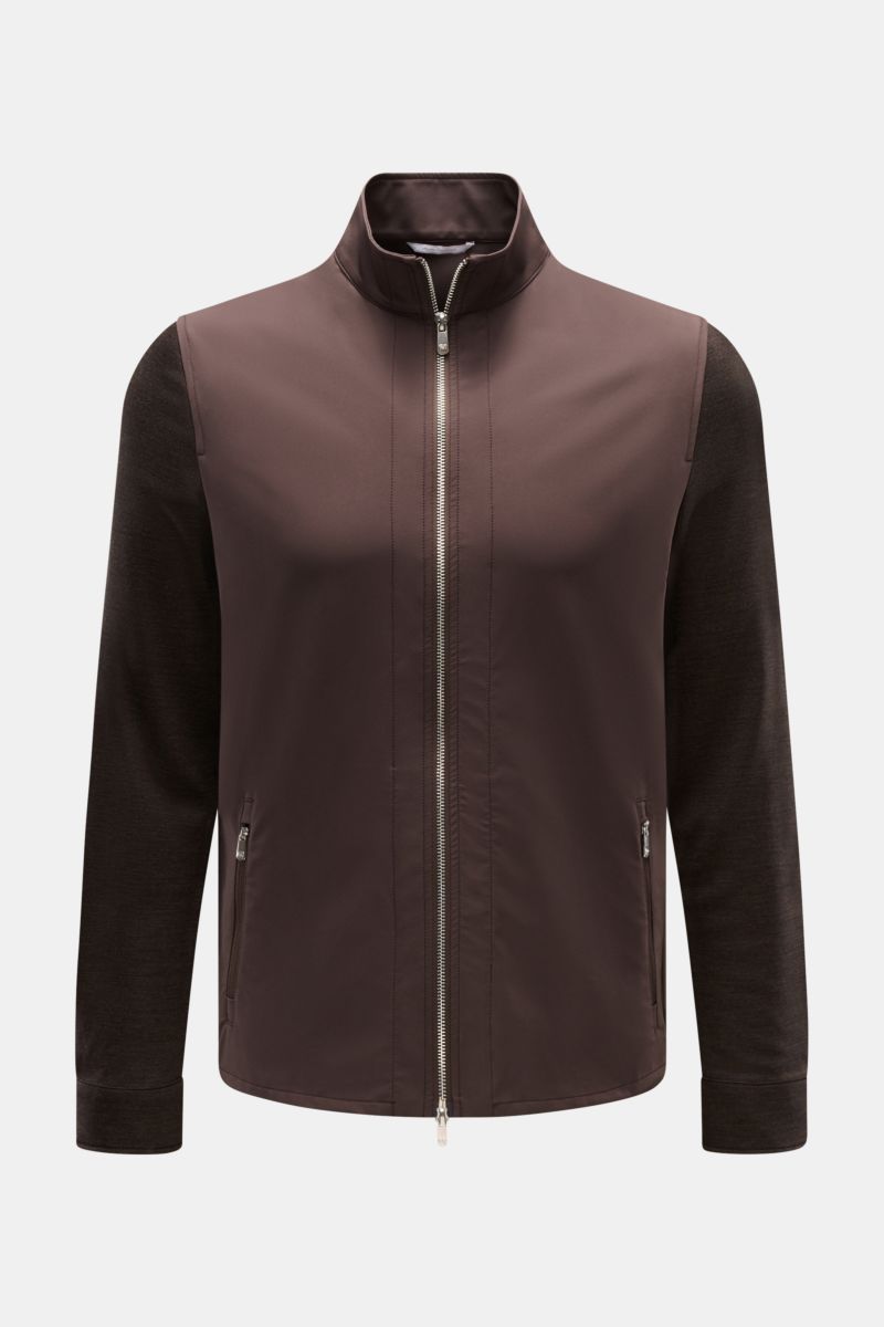 Marco Pescarolo Jacke 'Key' dunkelbraun, Frontansicht, sportive Schurwolle mit elastischen Jersey-Ärmeln und Rücken, Stehkragen, Zwei-Wege-Reißverschluss.