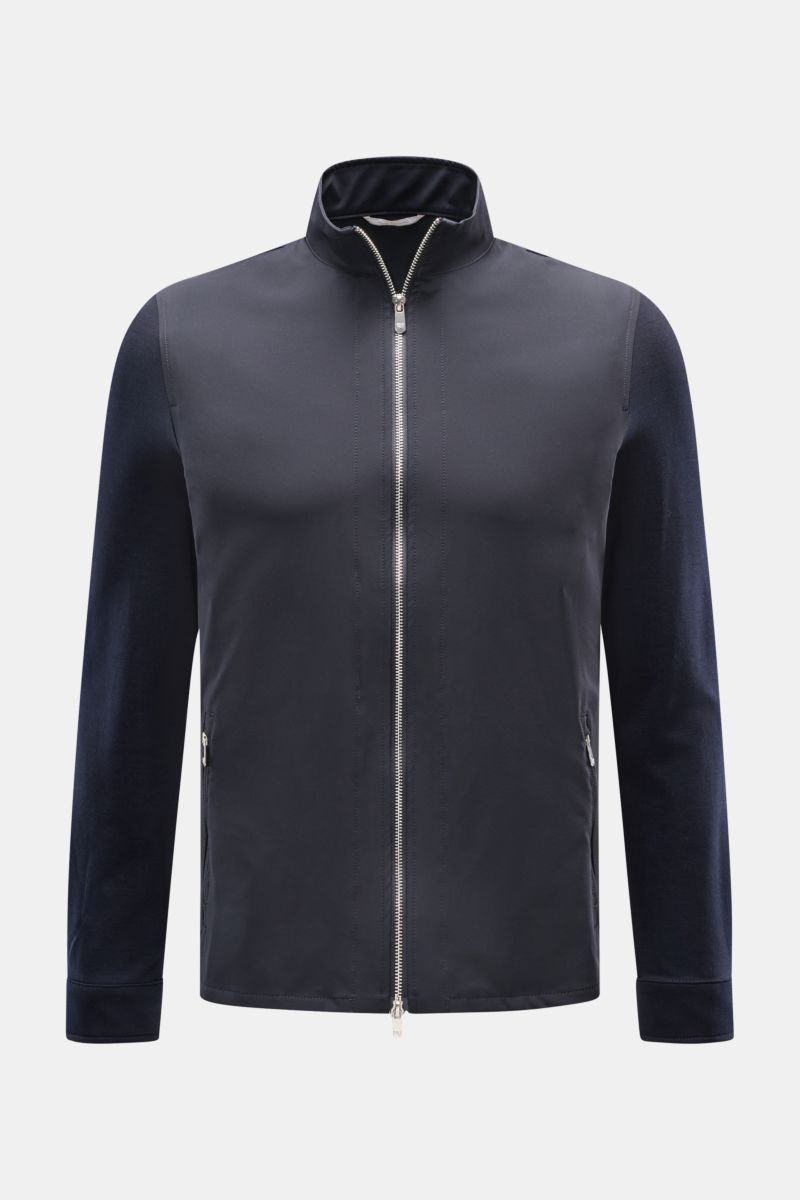 Front view of the Marco Pescarolo Jacke 'Key' navy, featuring a pure wool body with navy jersey sleeves and back, elastic, regular fit, two-way zipper, stand-up collar, zippered front pockets, buttoned cuffs, and an unlined design for breathable comfort. 