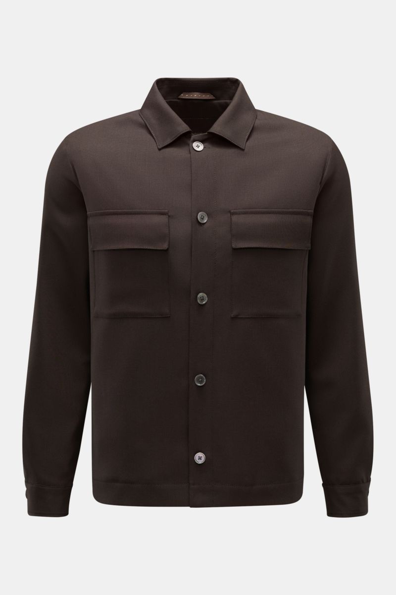 Windsor Jacke 'Lavoro' dunkelbraun, Frontansicht, ungefüttert aus reiner Schurwolle, Regular Fit mit Umlegekragen, Pattentaschen, Fünf-Knopf-Leiste.