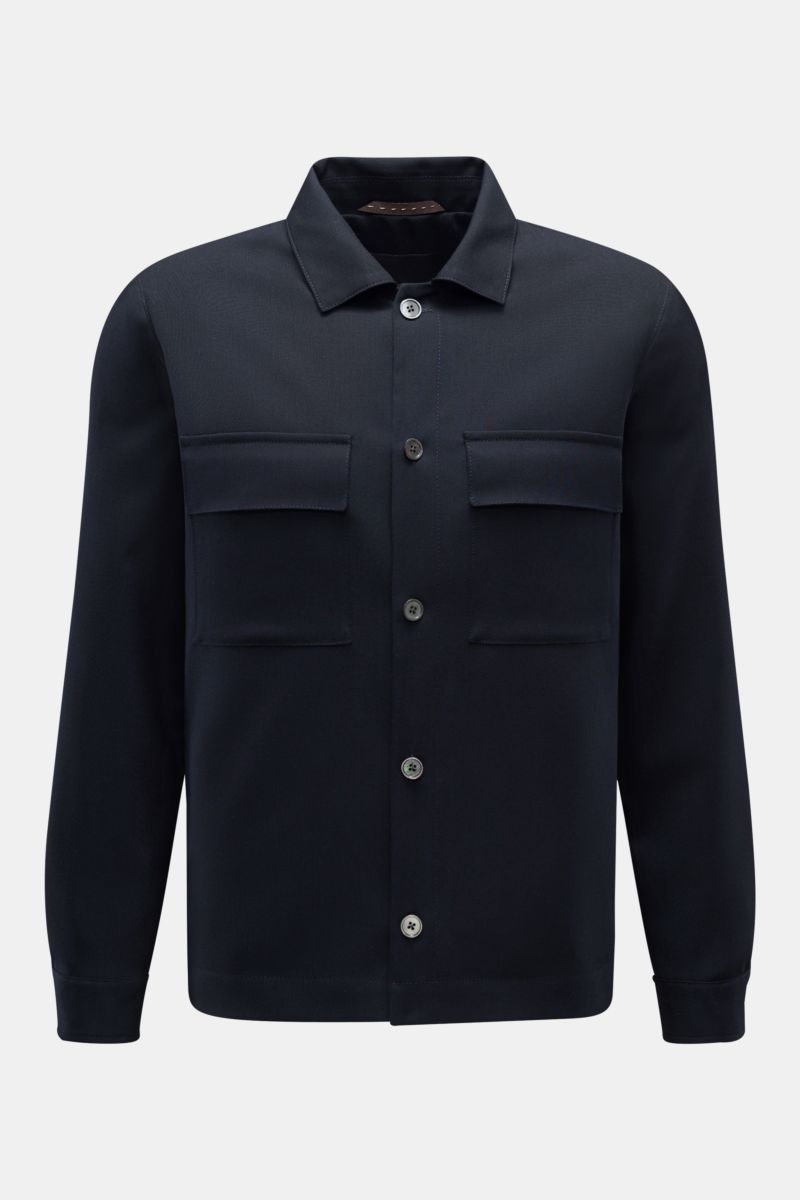 Windsor Jacke 'Lavoro' navy, frontale Ansicht, ungefüttert aus reiner Schurwolle, Regular Fit, Aufgesetzte Brusttaschen mit Patte, Fünf-Knopf-Leiste, Umlegekragen, leichte Qualität.