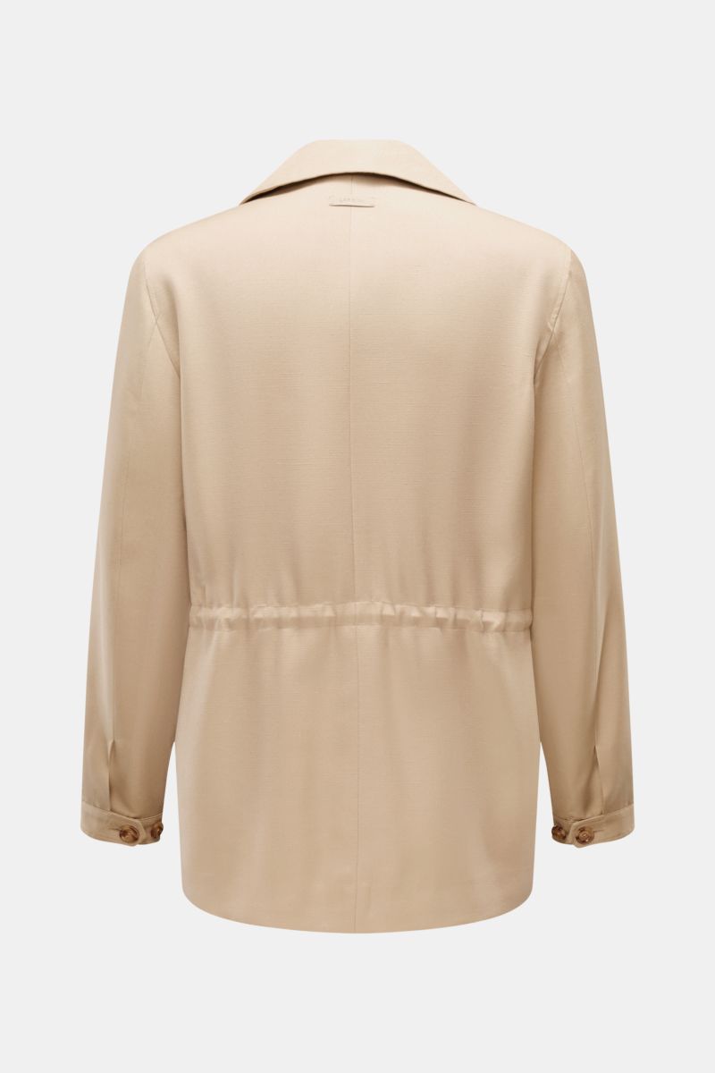 Back view of the Lardini Jacket 'Panosh' beige, a slim fit between-seasons field jacket in viscose with silk, showing adjustable waist and smooth fabric.