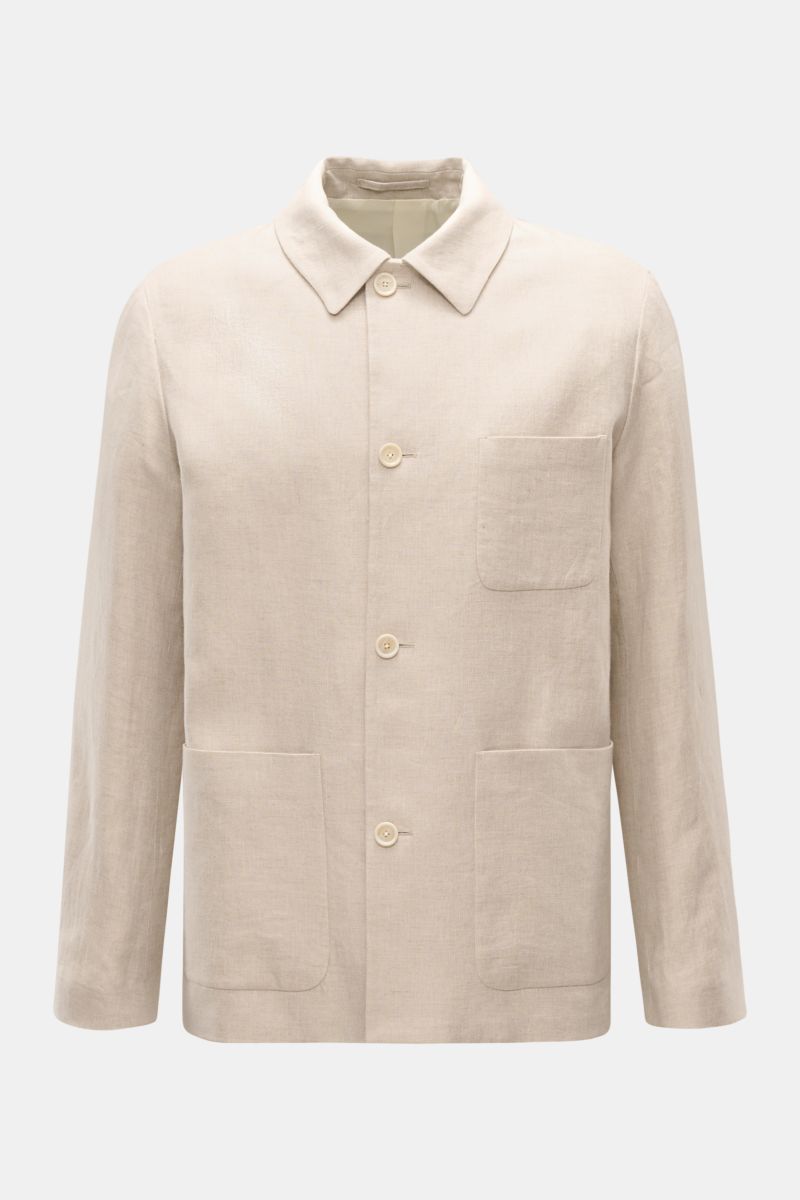 Lardini Leinenjacke 'Pastone' beige meliert, frontal fotografiert, mit Umlegekragen, vier-Knopf-Leiste, drei Front- und zwei Innentaschen, feines Fischgrat-Gewebe.