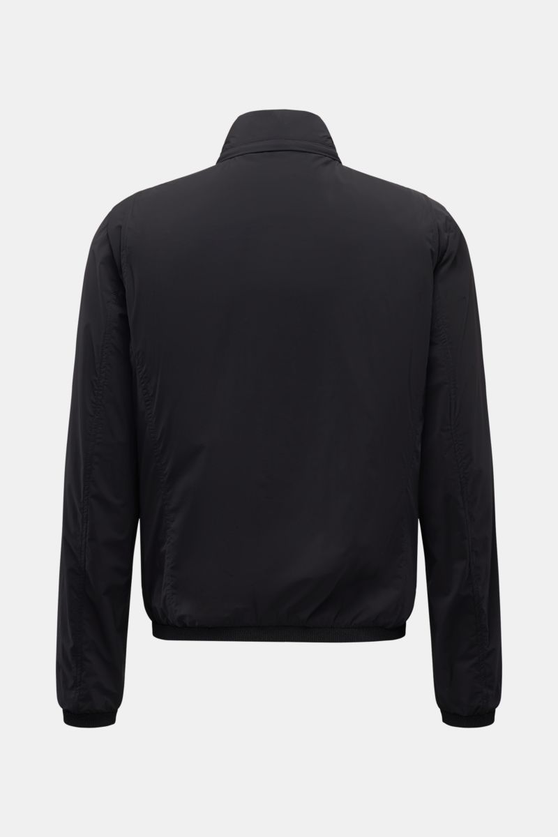 Back view of Moorer Blouson 'Giove' dark navy, ultralight microfiber jacket with stretch, slim fit, stand-up collar, and elastic cuffs; functional spring outerwear with two-way zipper, hood in collar, zipper pockets, flexible hem, half-lined, and two inne