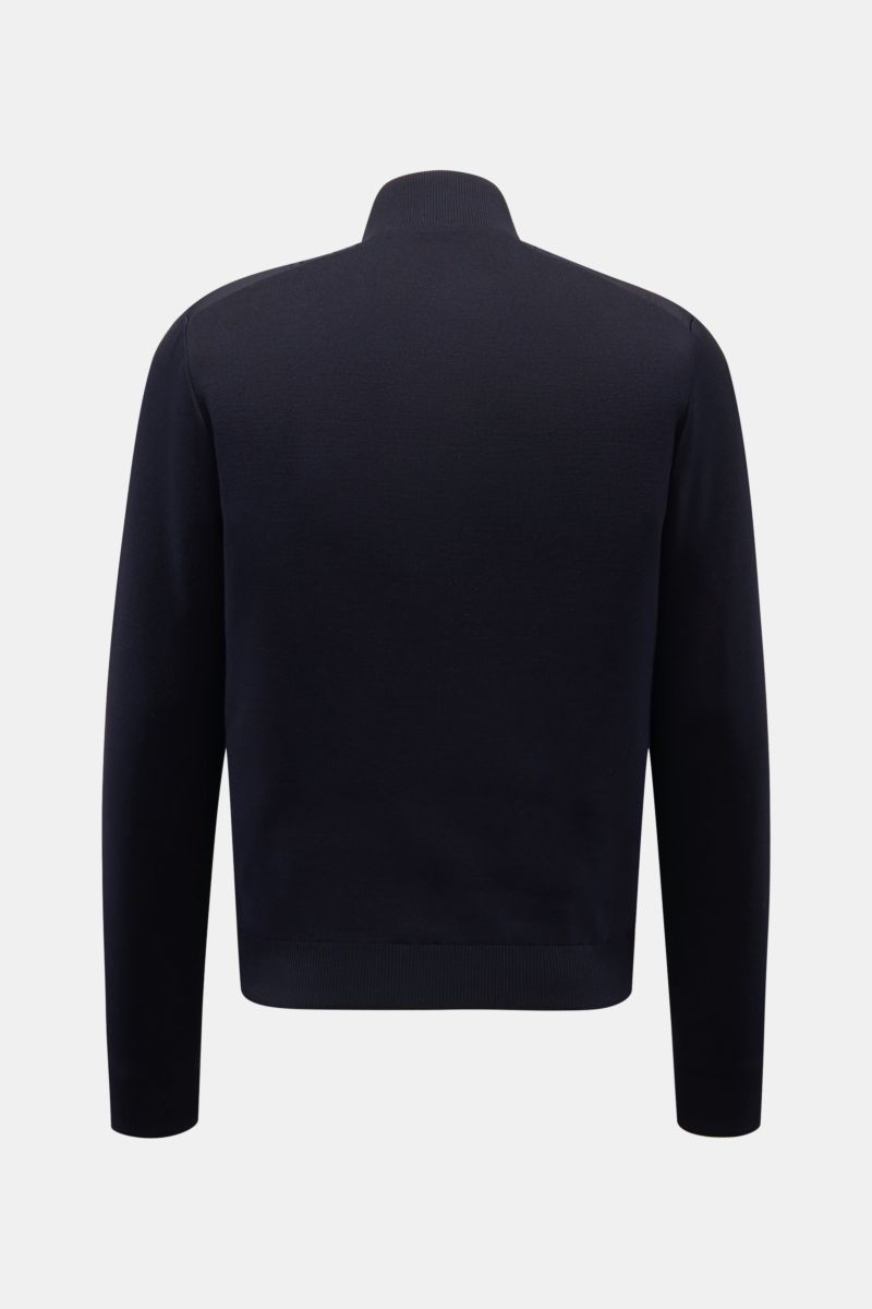 Moorer Daunen-Strickjacke 'Duncan' navy, Rückansicht, weicher Strick aus Wolle, Seide, Cashmere, leichte Daunen-Steppfront, Slim Fit, Stehkragen, Rippbündchen.