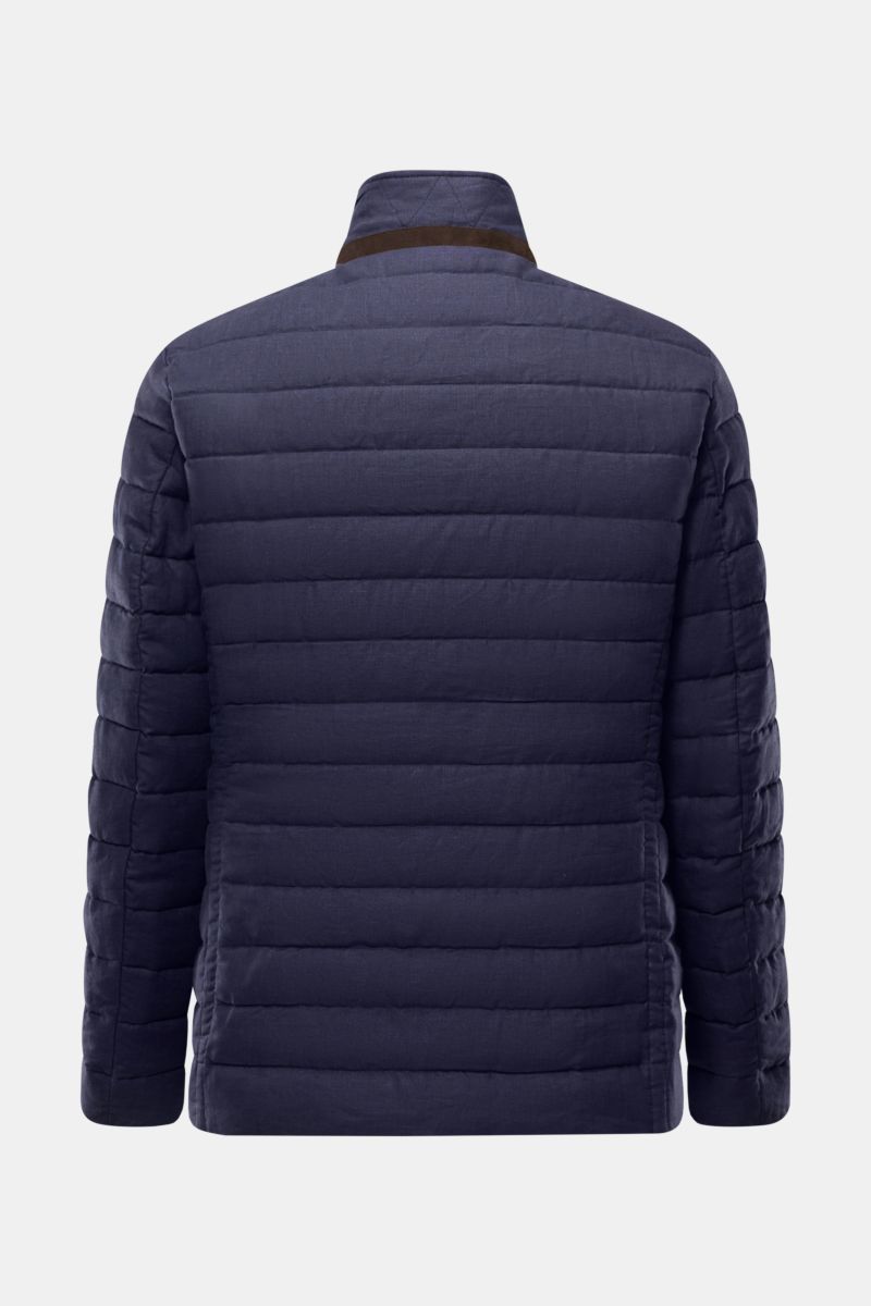 Rear view of Moorer Down jacket 'Zavyer' navy mottled, an elegant quilted slim fit jacket in pure linen with a smooth feel, featuring classic topstitch, lightweight down lining, leather detail on the collar, two-way zip, storm flap with buttons, classic b