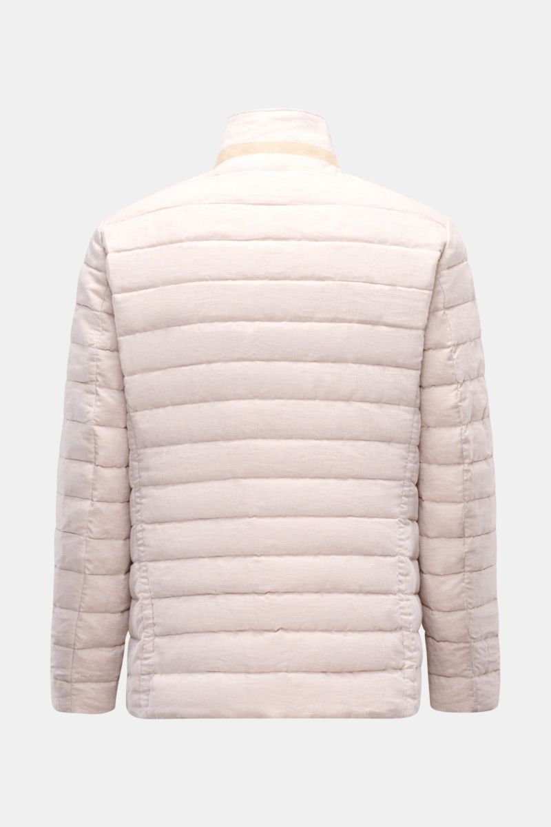 Back view of the Moorer Down jacket 'Zavyer' beige mottled, an elegant quilted slim fit jacket with pure linen, lightweight down lining, leather collar detail, two-way zip, storm flap, classic breast and hip pockets, smooth lining, and inside pockets, pho