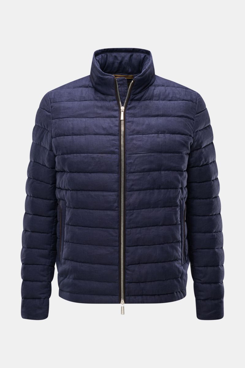 Front view of Moorer Down jacket 'Alec' navy melange, an elegant quilted pure linen jacket with soft feel, classic topstitch, lightweight down lining, concealed hood in collar, slim fit, two-way zip, zipped hip pockets, smooth lining, and one inside pocke