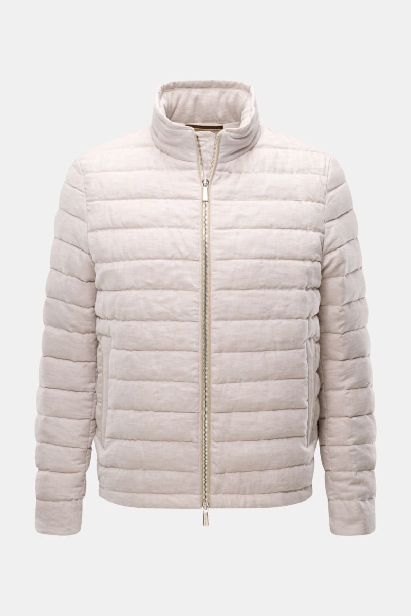 Front view of the Moorer Down jacket 'Alec' beige melange, an elegant quilted pure linen jacket with a soft feel, classic topstitch, slim fit, lightweight down lining, concealed hood in collar, two-way zip, zipped hip pockets, smooth lining, and one insid