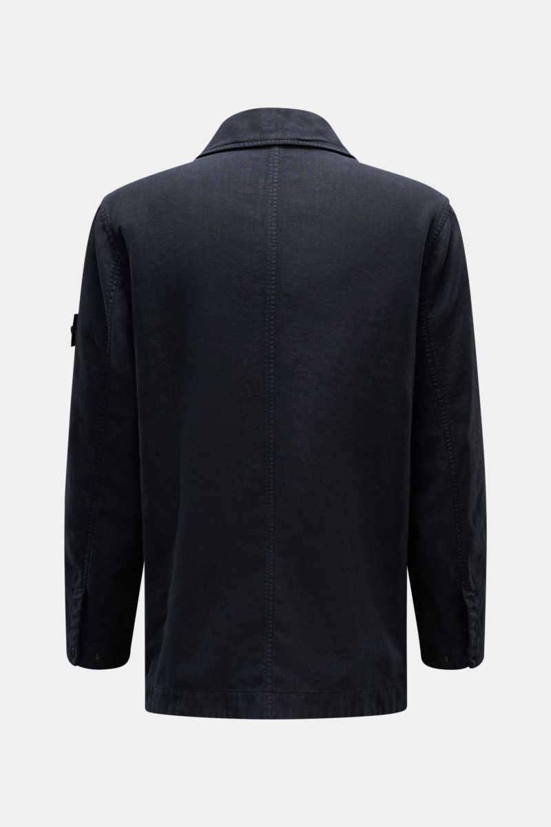 Rear view of Stone Island Jacket 'Ghost Piece' navy in a linen and microfiber blend, featuring a slim fit, adjustable collar, and tonal sleeve badge. Springtime meets casual with concealed button placket, hip flap pockets, and snap-button cuffs.