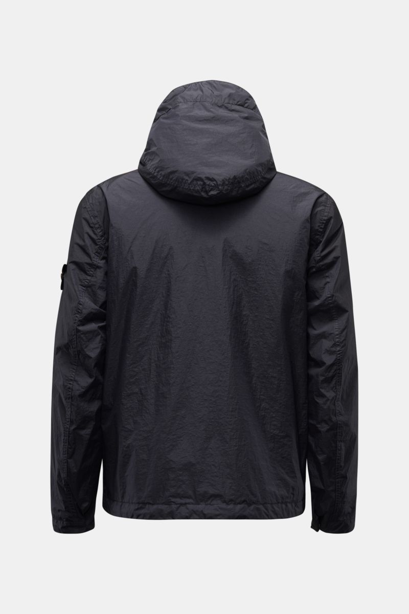 Back view of Stone Island Jacke 'Garment Dyed Crincle Reps NY' dark navy, a slim fit jacket with technical microfiber, water-repellent, windblocking material, durable two-way zipper, practical hood, compass badge on arm, slanted hip pockets with snap butt