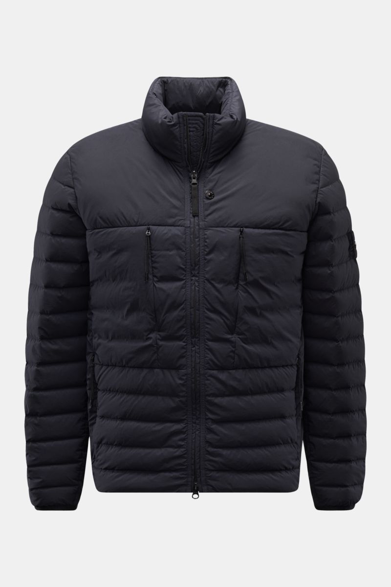 Stone Island Daunenjacke 'Seamless Tunnel Nylon Down-TC' dark navy, frontale Ansicht, leicht elastische Microfaser, wasserabweisend, Slim Fit, zwei-Wege-Reißverschluss, Daunenfüllung, Stehkragen, Kompass-Badge.