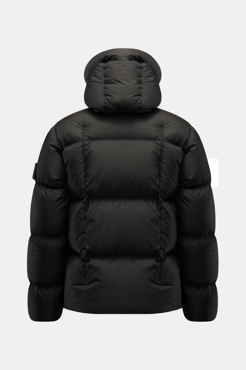 Stone Island Daunenjacke 'Seam Faded Light Nylon Tela' schwarz, Rückansicht, Slim Fit, wärmende Daunenfüllung, Microfaser, Kapuze, elastische Bündchen, zwei-Wege-Reißverschluss.