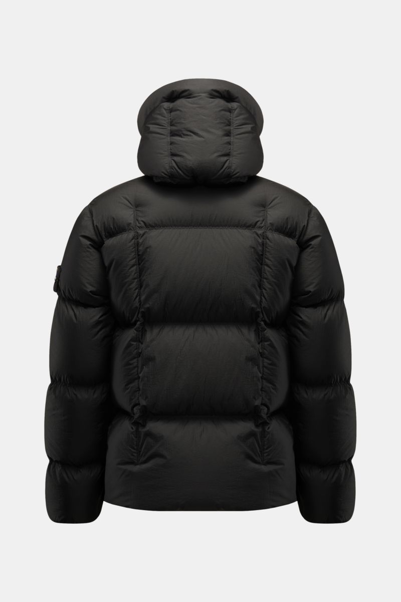Stone Island Daunenjacke 'Seam Faded Light Nylon Tela' schwarz, Rückansicht, Slim Fit mit wattierter Kapuze, wärmender Daunenfüllung, Zipper-Taschen.