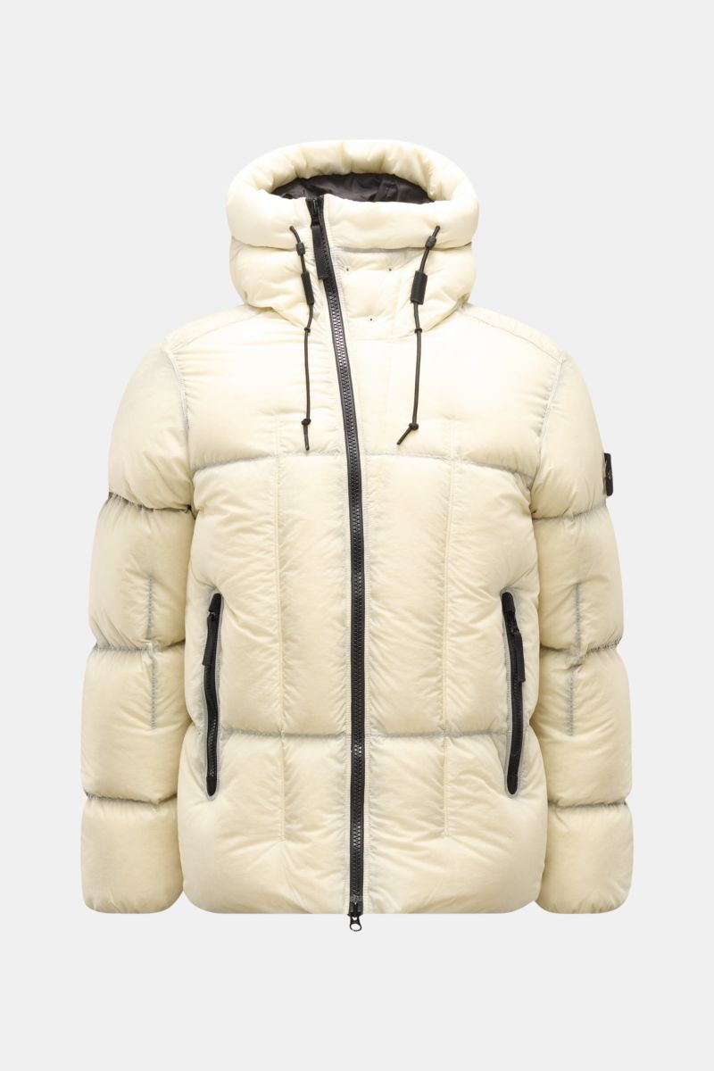 Stone Island Daunenjacke 'Seam Faded Light Nylon Tela' offwhite, Frontansicht, Slim Fit, Daunenfüllung, wattierte Kapuze mit Tunnelzug, Zipper-Taschen.