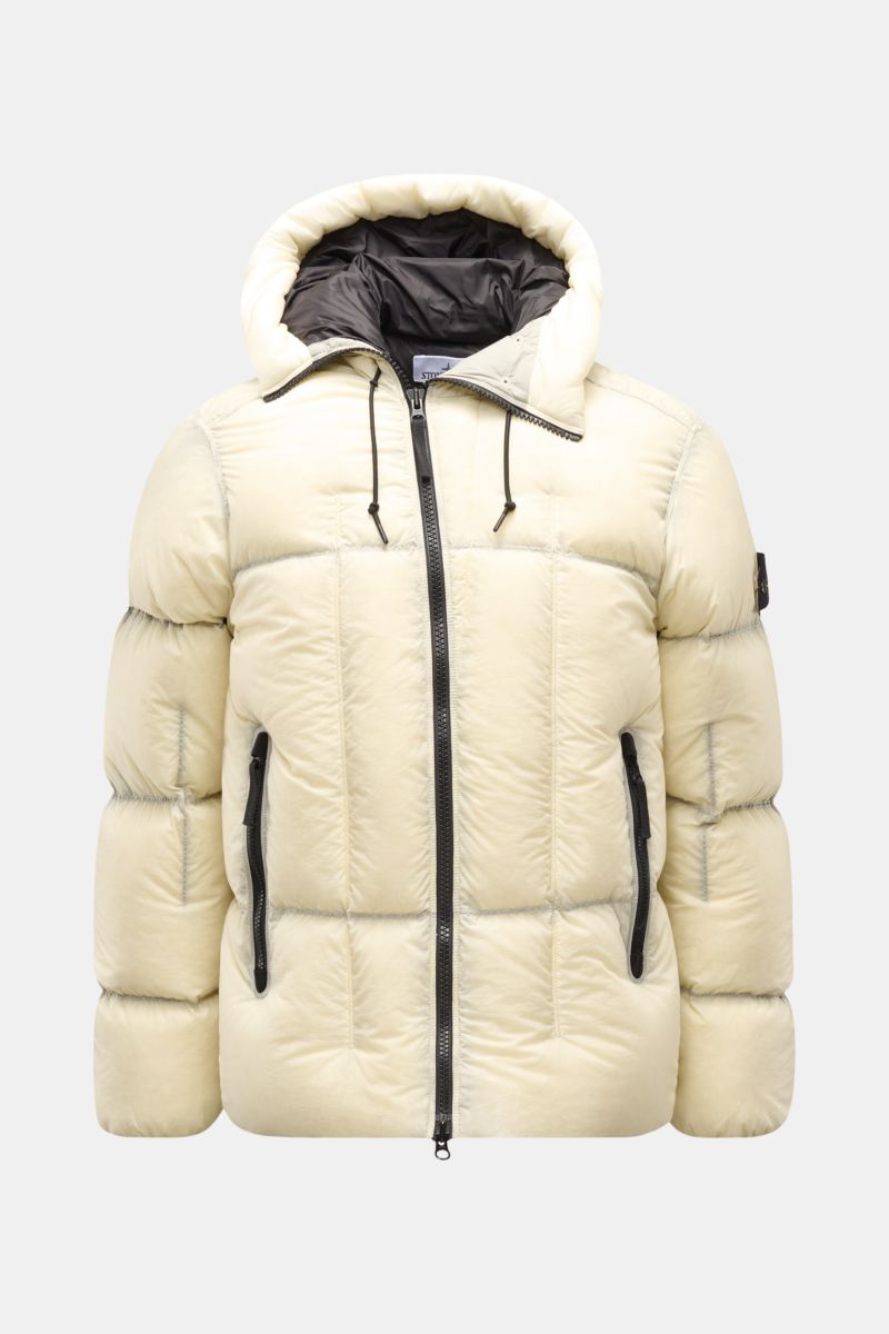 Stone Island Daunenjacke 'Seam Faded Light Nylon Tela' offwhite, frontale Ansicht, Slim Fit, wattierte Kapuze, zwei Reißverschlusstaschen, Daunenfüllung.