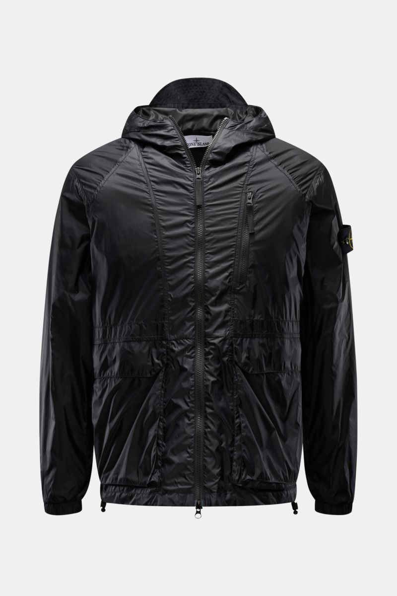 Front view of Stone Island Blouson 'Light Ripstop Cordura' black, slim fit with drawstring hood, robust two-way zip, three front pockets, elastic hem and cuffs, made of high-strength ripstop fabric with a smooth microfibre feel for durable wet weather pro