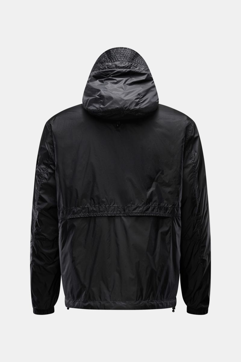Stone Island Blouson 'Light Ripstop Cordura' black shown from the back, featuring a drawstring hood, elastic cuffs, and durable ripstop fabric. Robust yet lightweight, this blouson is made of high-strength ripstop fabric with a special finish for wet weat