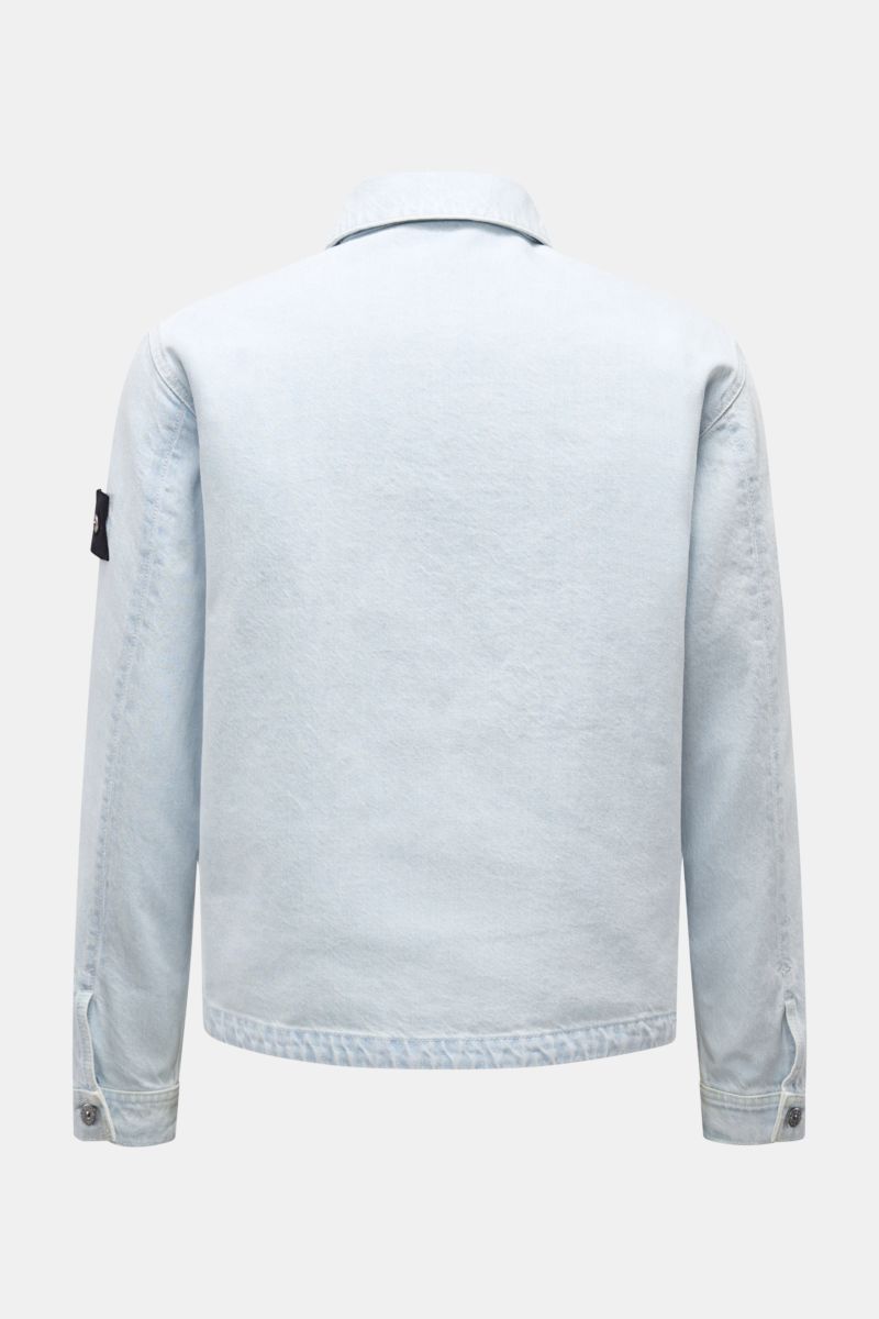 Stone Island Denim jacket pastel blue shown from the back, slim fit denim with turn-down collar, button cuffs, and Compass badge on sleeve.