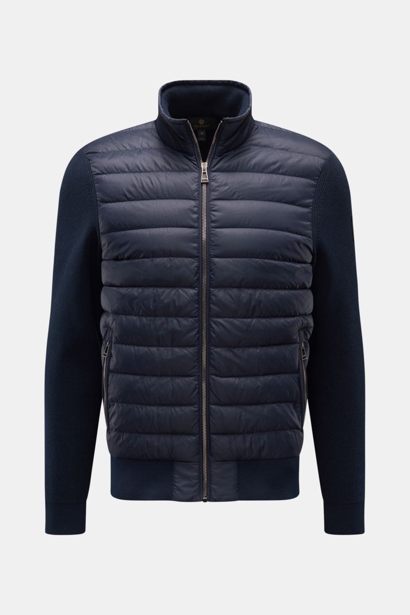 Front view of the Belstaff Daunenjacke 'Control Cardigan' navy, a hybrid biker jacket with microfiber front, wool knit sleeves, quilted down-filled front, extra slim fit, two-way zipper, high stand collar, Belstaff web label on upper arm, and comfortable 