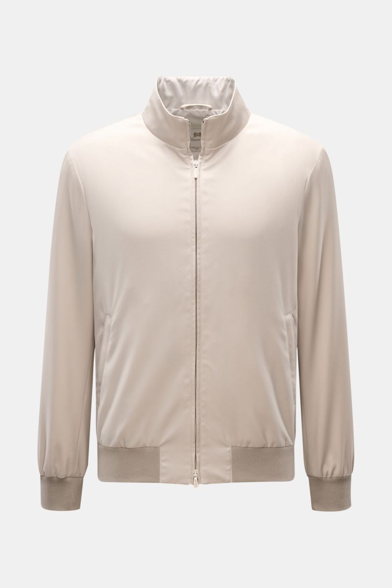 Mandelli Blouson beige, Slim Fit Blouson aus reiner Wolle mit Stehkragen, Zwei-Wege-Reißverschluss, elastischen Bündchen, glattem Griff, drei Innentaschen, Frontansicht.