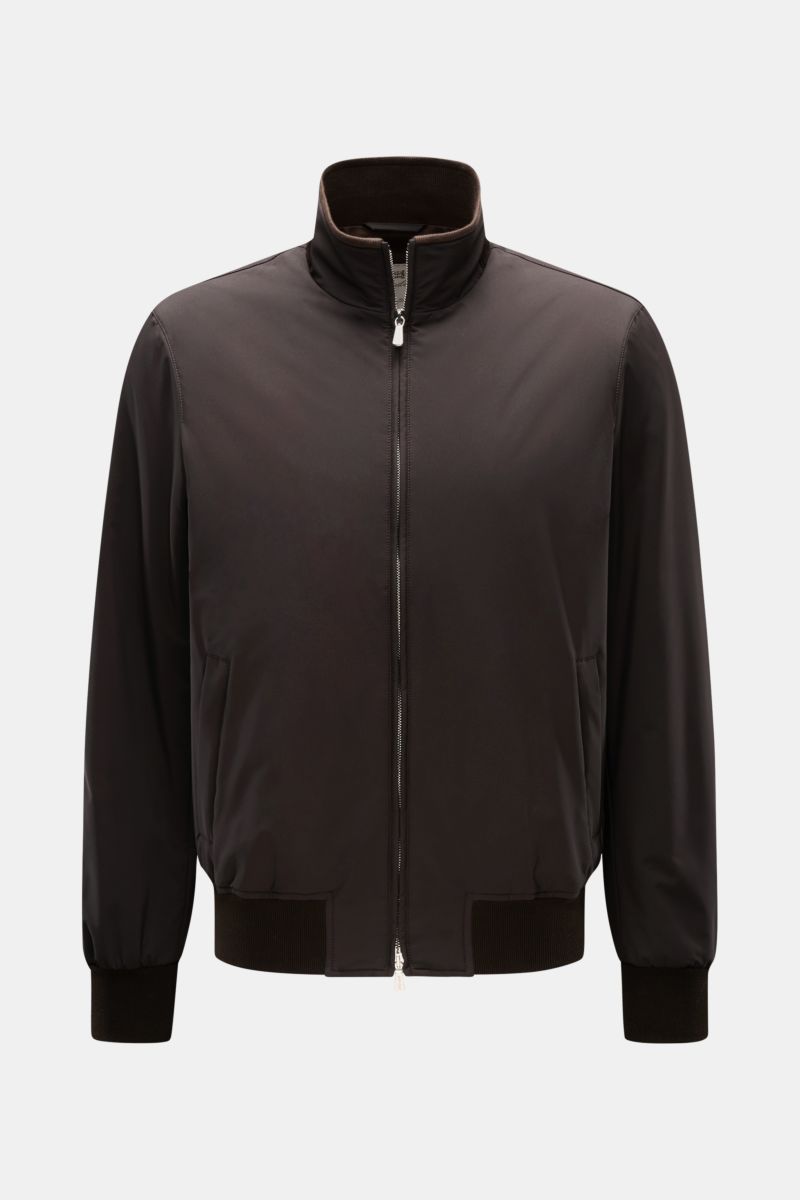 Front view of Mandelli Blouson dark brown, a slim fit jacket in high-quality microfiber with goat suede trim, robust two-way zip, high-closing standing collar, hip pockets with concealed zip, wide ribbed bands, smooth lining, and two inside pockets. A per