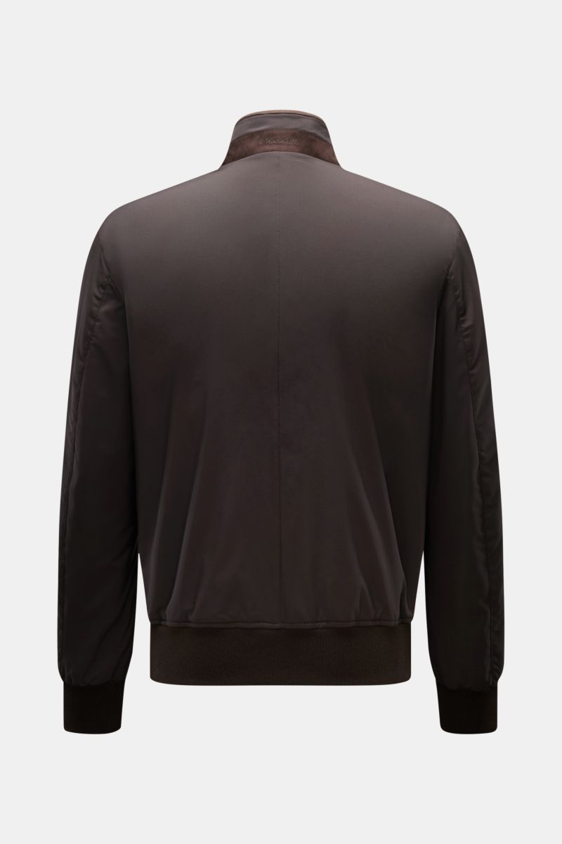 Mandelli Blouson dark brown shown from the back, slim fit with high-closing standing collar, goat suede trim, ribbed bands, and concealed zip pockets. A perfect symbiosis of luxury and comfort: This blouson by MANDELLI is confidently elegant and effortles