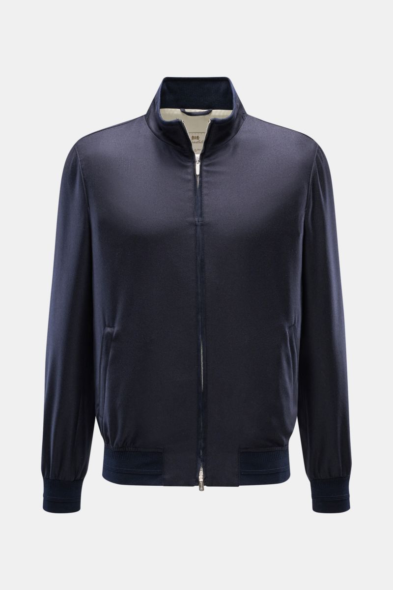 Front view of Mandelli Cashmere blouson navy, a slim fit, pure cashmere jacket with a soft feel, two-way zip, standing collar, elastic hem and cuffs, half lined, and two inside pockets; exquisite ease for the transitional period, timelessly elegant with l