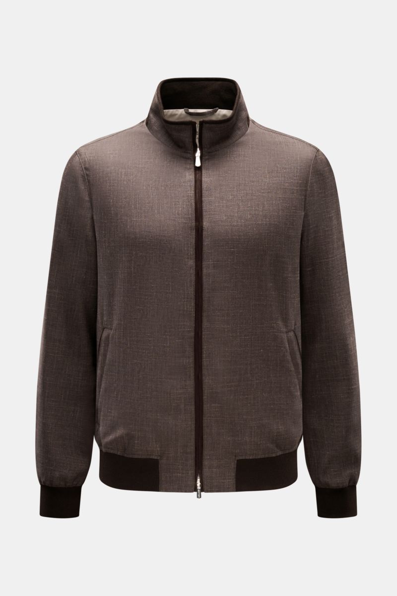 Mandelli Blouson graubraun meliert, frontal fotografiert, mit Stehkragen, Zwei-Wege-Reißverschluss, elastischen Bündchen, Slim Fit, aus Schurwolle, Seide und Leinen.