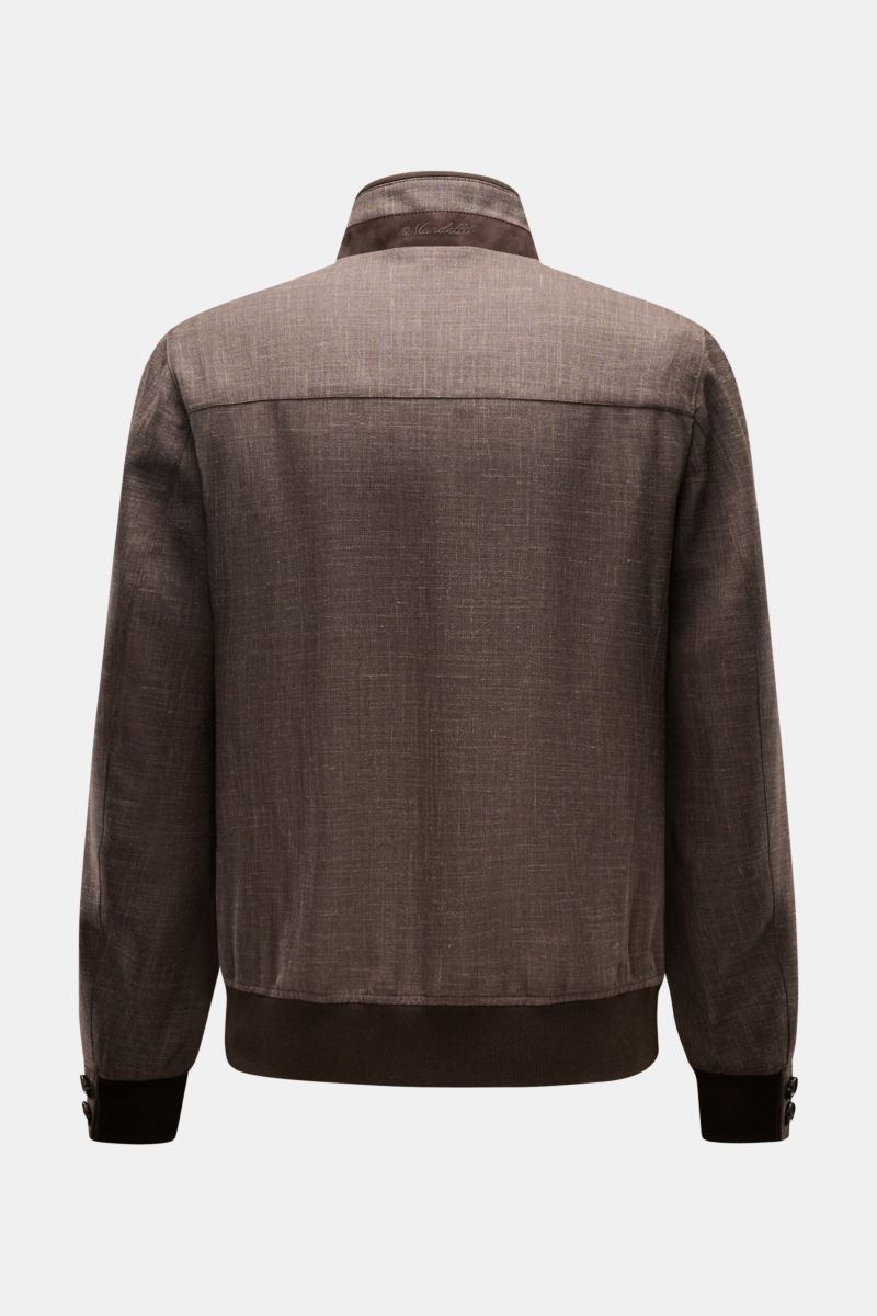 Rückansicht des Mandelli Blouson graubraun meliert mit Stehkragen, elastischen Bündchen, Slim Fit und hochwertigem Woll-Seide-Leinen-Mix.