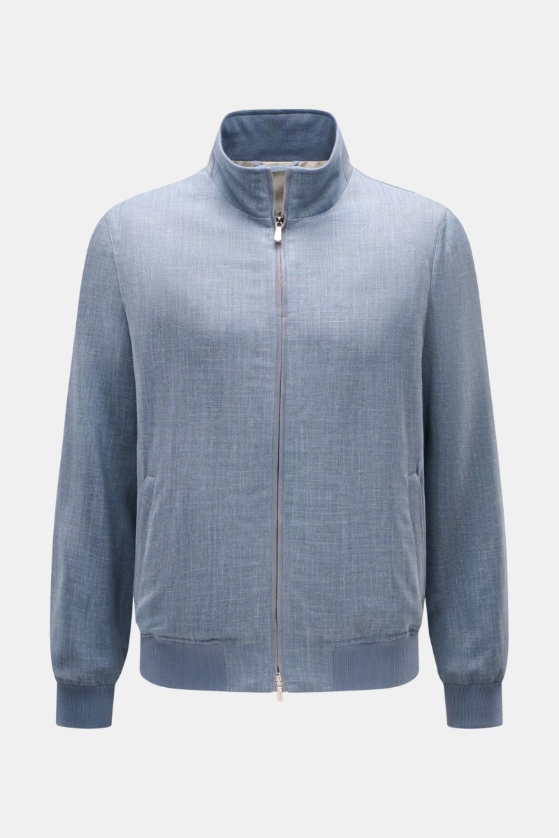 Front view of Mandelli Blouson smoky blue mottled, a slim fit transitional jacket with standing collar, two-way zip, elastic hem and cuffs, made of soft virgin wool, silk, and linen blend.