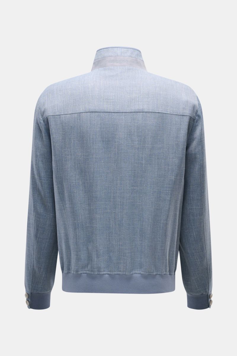 Back view of Mandelli Blouson smoky blue mottled with standing collar, slim fit, elastic hem and cuffs, soft virgin wool, silk, linen blend.