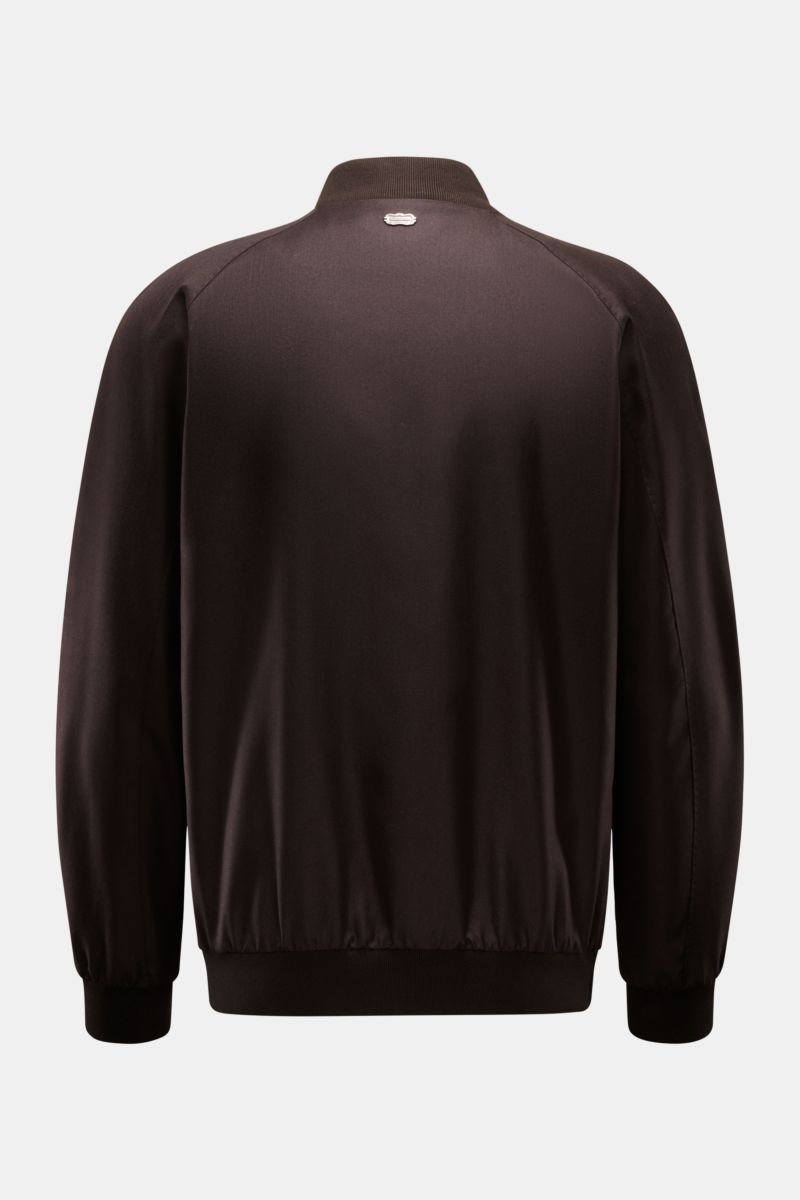 Agnona Blouson dunkelbraun Rückansicht, sportiver Luxus aus Cashmere-Seide mit Lederpaspeln, Slim Fit, Rippkragen, Metall-Logo, weicher Griff.