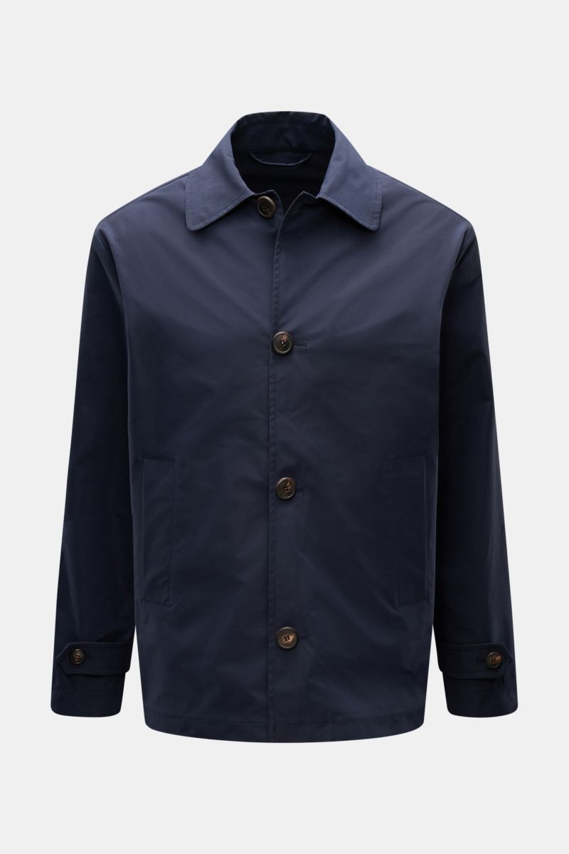 Front view of Doppiaa Jacket 'Aarneis' navy in high-quality microfibre with slim fit, four-button placket, turn-down collar, and jetted pockets.
