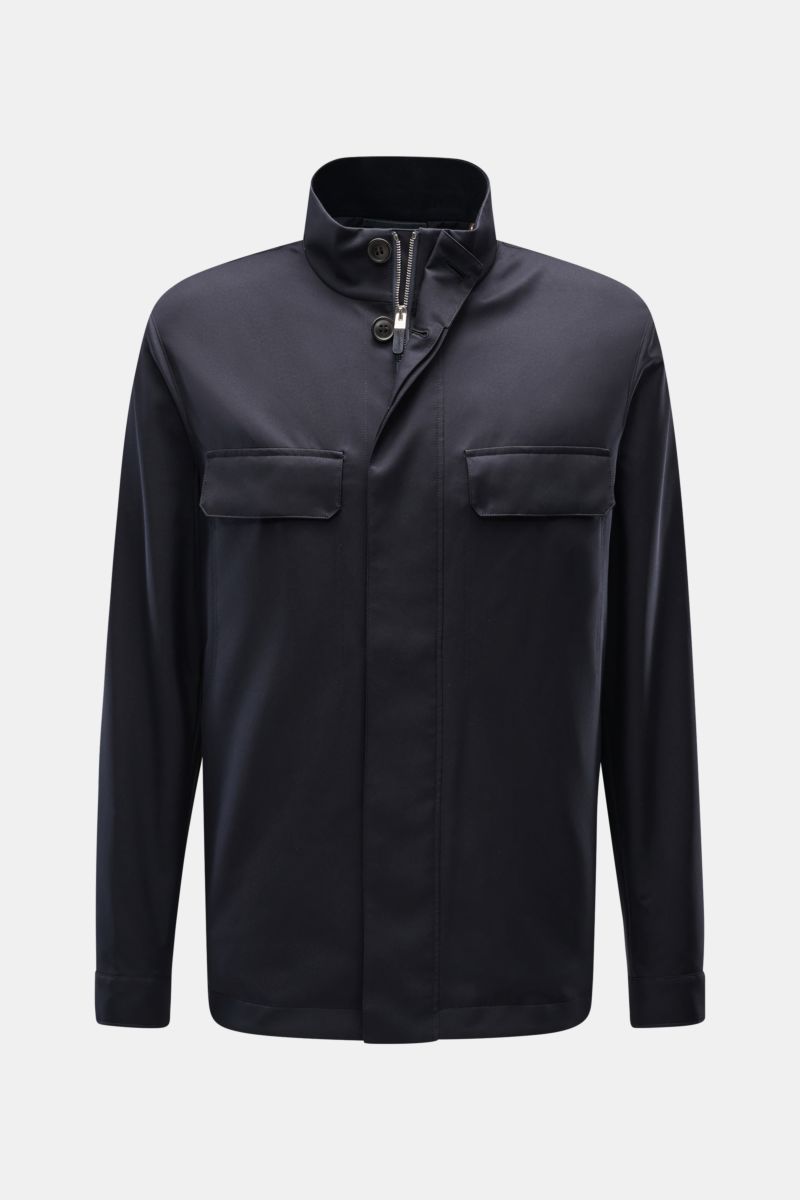 Zegna Jacket 'Motorin' navy front view, slim fit with high collar, two breast flap pockets, two-way zip, button storm flap, cuffed sleeves, soft microfibre, wind- and water-repellent, tonal wool lining, leather trim. 