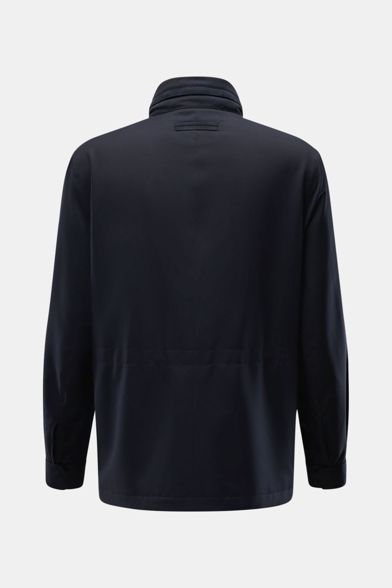 Zegna Jacke 'Motorino' navy, Rückansicht, Slim Fit, wind- und wasserabweisend, Stehkragen mit Leder, hochwertige Microfaser.
